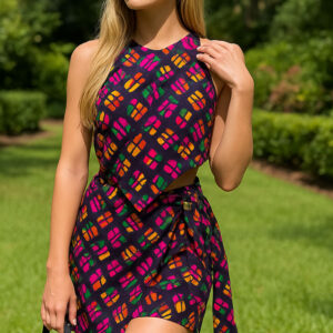 Modelo rubia con top asimétrico estampado colorido en jardín