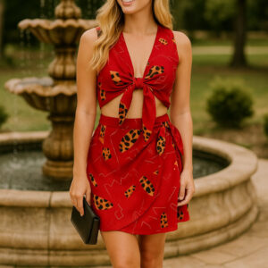 Modelo rubia con conjunto rojo estampado frente a fuente ornamental