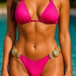 Modelo morena con bikini fucsia y piedras turquesa