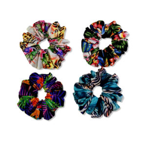 Pack de cuatro coleteros scrunchies con estampados variados