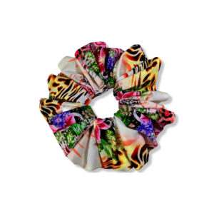 Coletero scrunchie con estampado floral multicolor y hojas verdes