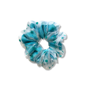 Coletero scrunchie de organza blanca con lunares verdes