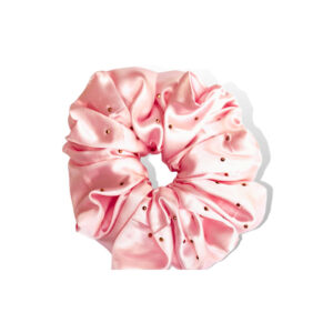 Coletero scrunchie rosa pastel con strass dorados