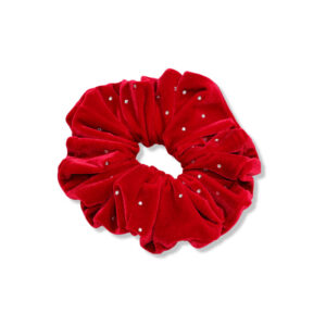 Coletero scrunchie de terciopelo rojo adornado con strass brillantes
